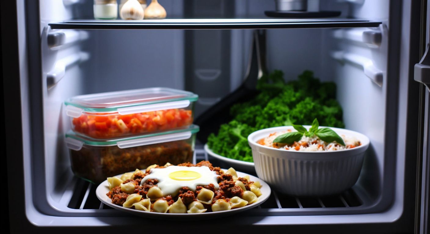 A steaming plate of Turkish manti with yogurt and melted butter sits beside a sealed glass container in a refrigerator, conveying freshness and proper storage.