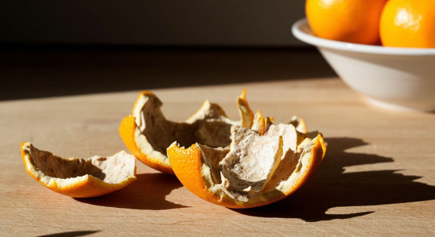 A close-up of dried orange peels with a rough, whitened surface, resting on a sunlit wooden table in a Turkish kitchen, with a bowl of fresh oranges nearby.