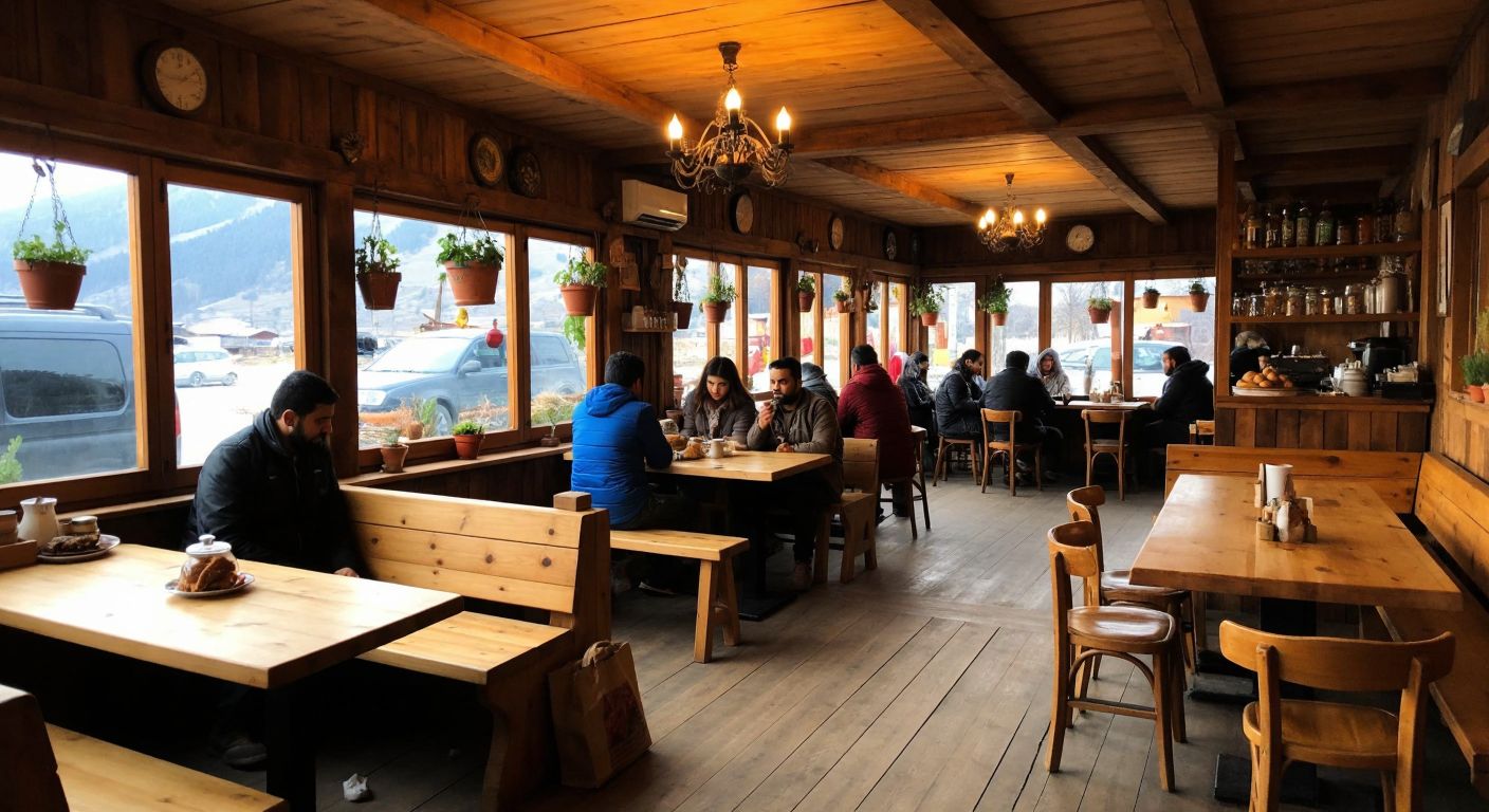A cozy wooden café in Van with warm lighting, rustic log furniture, and a bustling atmosphere of locals enjoying traditional Turkish tea and pastries.