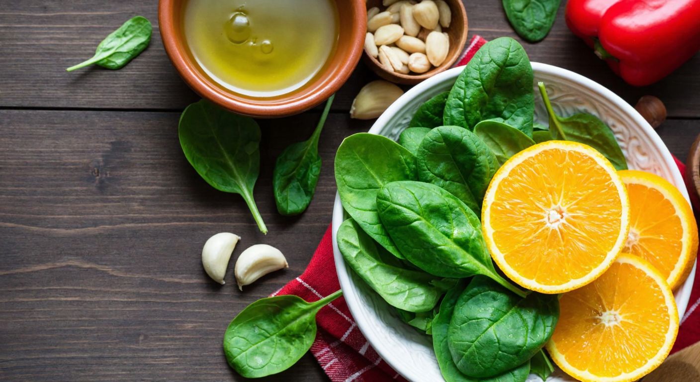 A vibrant Turkish kitchen scene with fresh spinach leaves, sliced oranges, and a drizzle of golden olive oil in a ceramic bowl, surrounded by ingredients like lentils, almonds, and bell peppers, evoking health and nourishment.