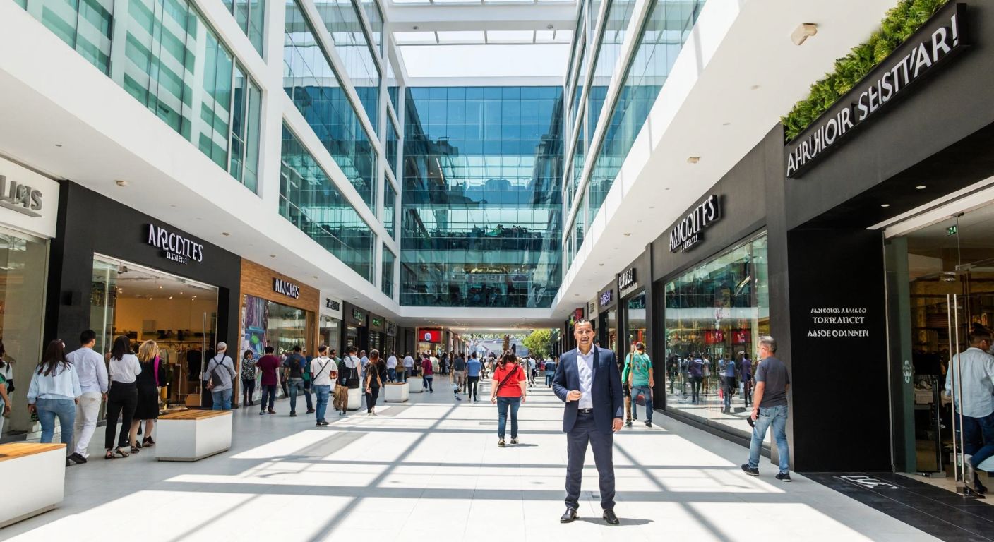 A modern shopping mall with glass facades and bustling crowds in Ankara's Keçiören district, with a Turkish businessman in a suit standing proudly near the entrance, symbolizing ownership.