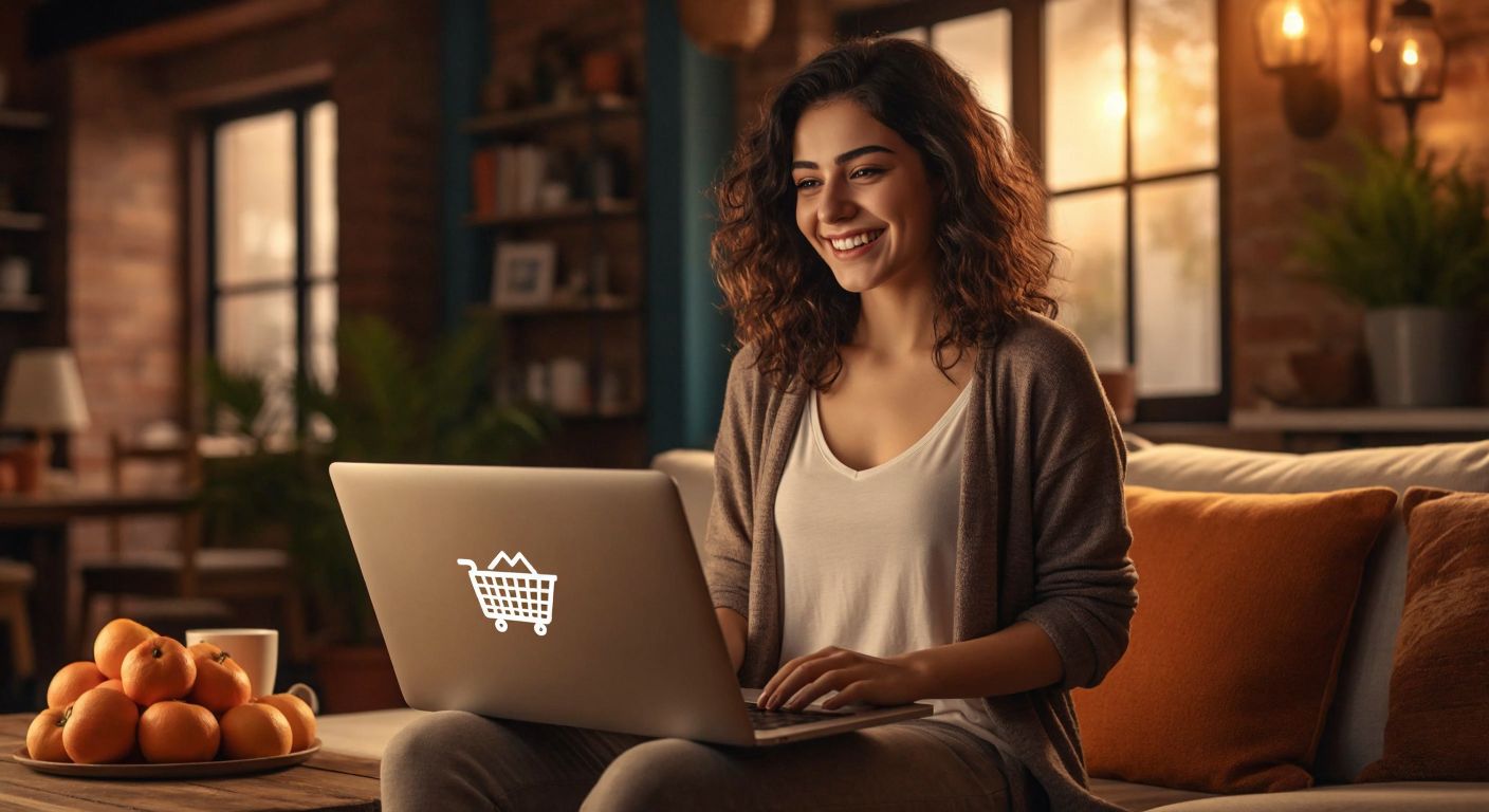 A Turkish woman in a cozy home setting smiles while holding a laptop, with a shopping cart icon on the screen and a small paper cutout of a discount coupon beside the keyboard.