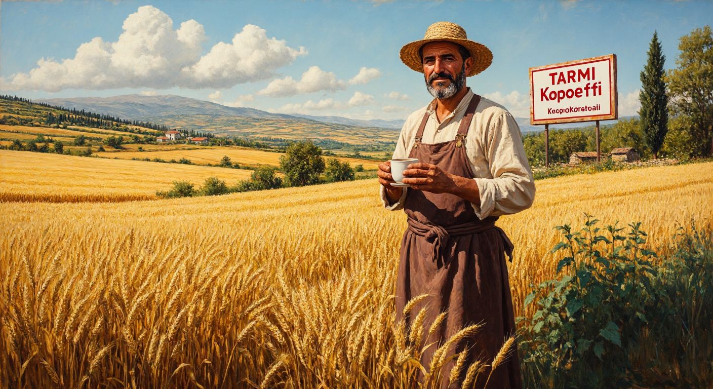 A sunlit Turkish countryside with a farmer in traditional attire standing beside a field of golden wheat, holding a cup of tea, with a Tarım Kredi Kooperatifi signboard in the background.