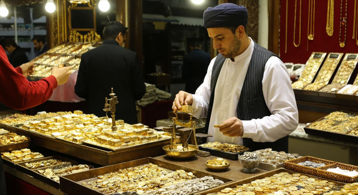 A bustling Turkish gold bazaar with a merchant weighing gleaming gold bars on a brass scale while a customer in traditional attire watches intently, surrounded by displays of gold jewelry and coins.