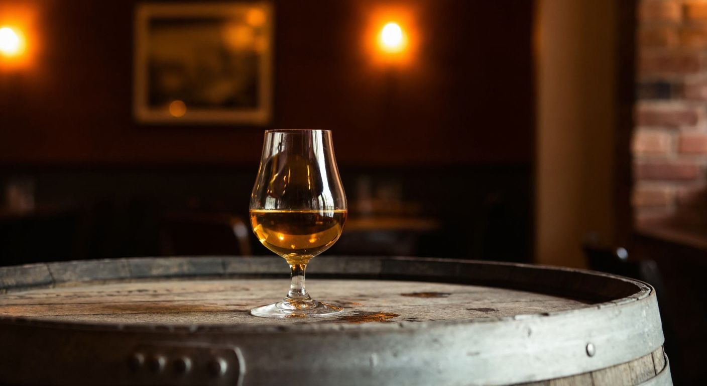 A golden-hued glass of Irish whiskey sits on a rustic wooden barrel in a dimly lit, cozy pub with warm amber lighting.