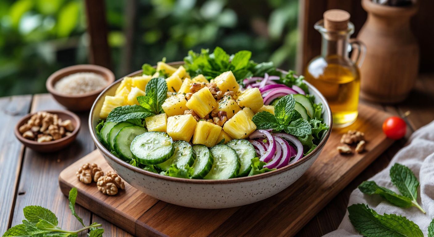 A vibrant wooden table in a sunlit Turkish kitchen holds a colorful salad bowl filled with fresh pineapple chunks, crisp greens, sliced cucumbers, red onions, and mint leaves, drizzled with golden olive oil and lemon juice, surrounded by scattered quinoa, walnuts, and a small bottle of balsamic vinegar.