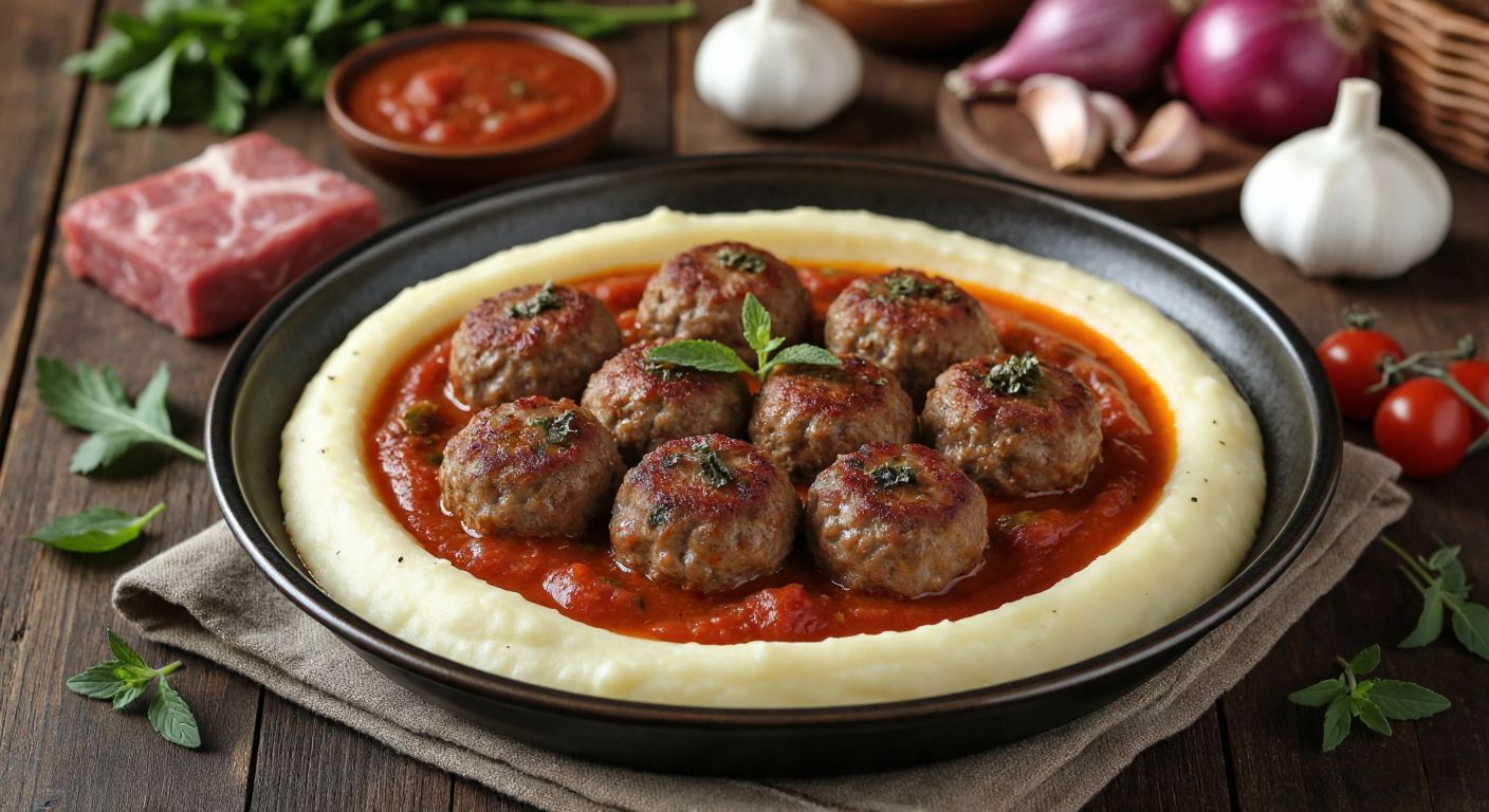 A steaming plate of **şelale köfte** with golden-brown meatballs nestled in creamy mashed potatoes, drizzled with a rich tomato sauce, garnished with a sprinkle of dried mint, placed on a rustic wooden table beside fresh ingredients like minced meat, onions, and garlic.