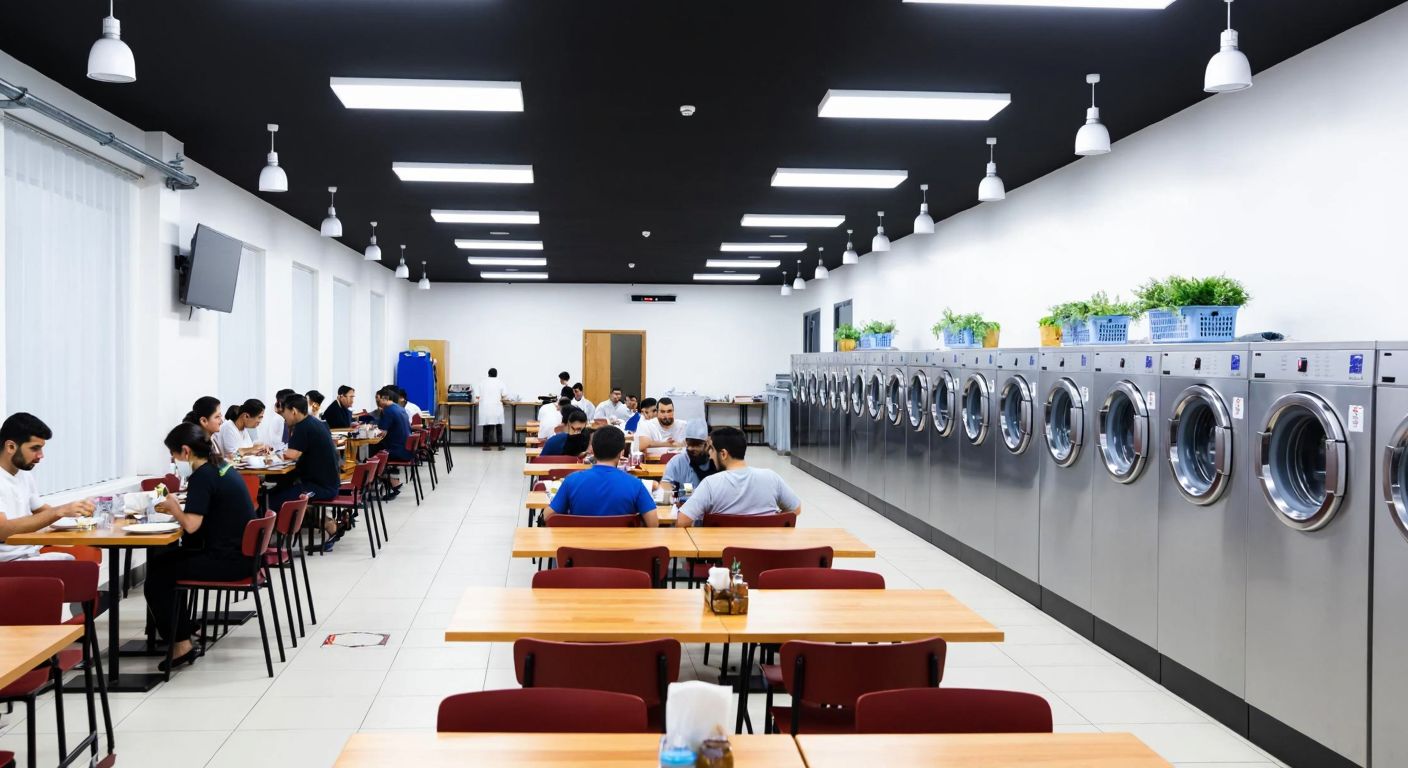A spacious, well-lit Turkish cafeteria with neatly arranged tables and workers in uniforms enjoying meals, adjacent to a clean industrial laundry room with rows of washing machines and folded linens.