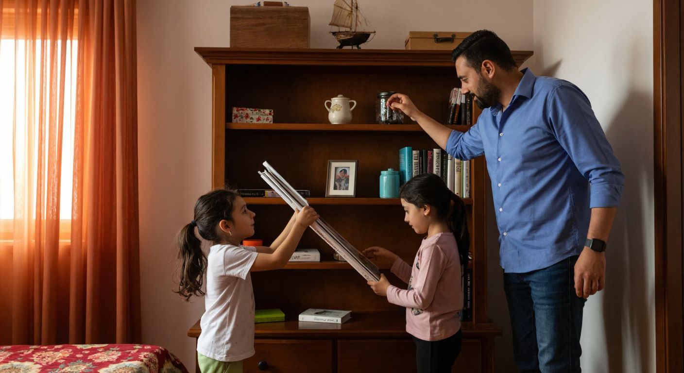 A Turkish family securing a bookshelf to a wall with brackets while checking their home’s earthquake preparedness checklist.