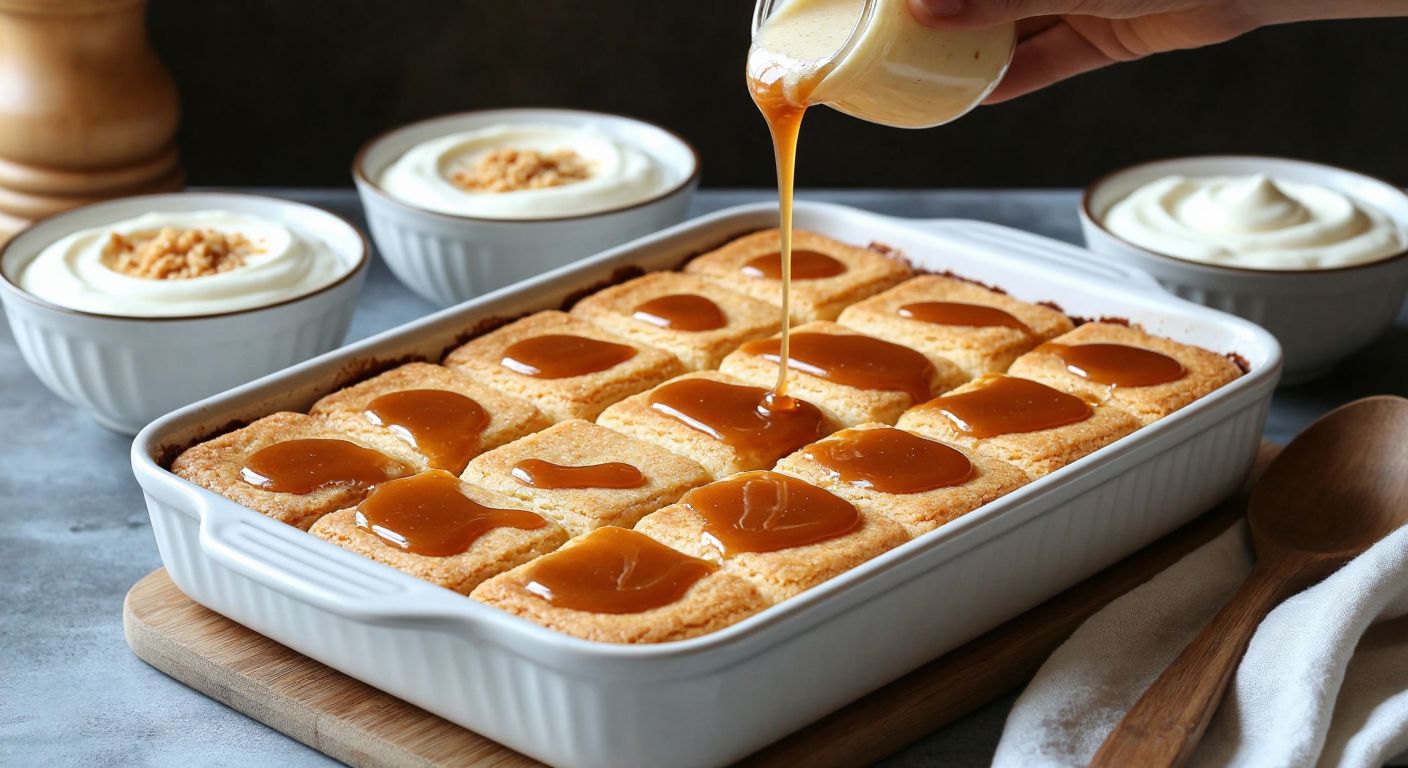 A warm Turkish kitchen with golden-brown caramel drizzled over neatly arranged etimek biscuits in a rectangular baking dish, surrounded by bowls of creamy muhallebi and whipped cream, evoking a cozy, homemade dessert preparation.