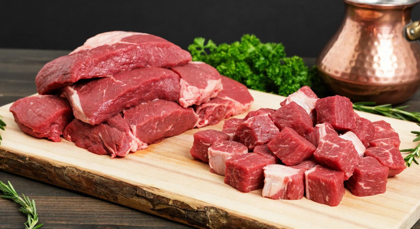 A rustic wooden cutting board displays two piles of raw meat—one with lean, tender slices of löp et and the other with small, marbled cubes of kuşbaşı et, surrounded by fresh herbs and a traditional Turkish copper pot in the background.