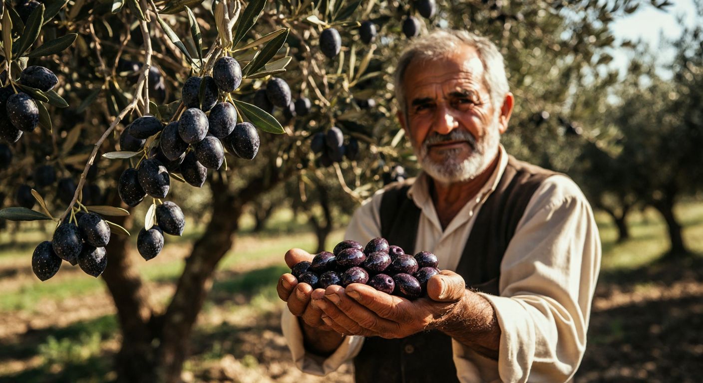 A sunlit olive grove in Gemlik, Bursa, with plump, dark green olives clustered on gnarled branches, their glossy skins reflecting the light, while a weathered Turkish farmer in traditional attire gently cradles a handful of freshly picked olives, his face proud and content.