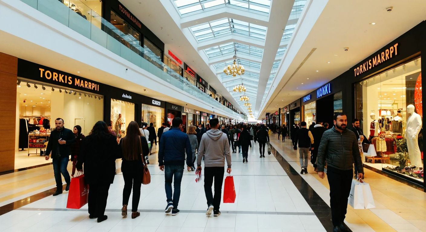 A bustling shopping mall in Topkapı, Istanbul, with people carrying shopping bags, a modern glass facade, and the lively atmosphere of a Turkish marketplace.
