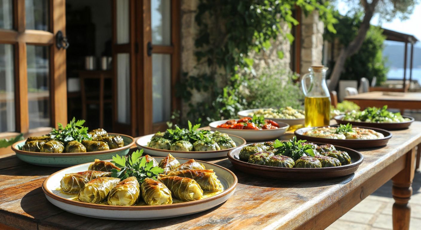 A rustic wooden table in Urla is laden with steaming plates of flaky *katmer*, golden *enginar dolması*, delicate *kabak çiçeği dolması*, and sizzling *Urla köftesi*, surrounded by fresh herbs and olive oil glistening under warm Aegean sunlight.