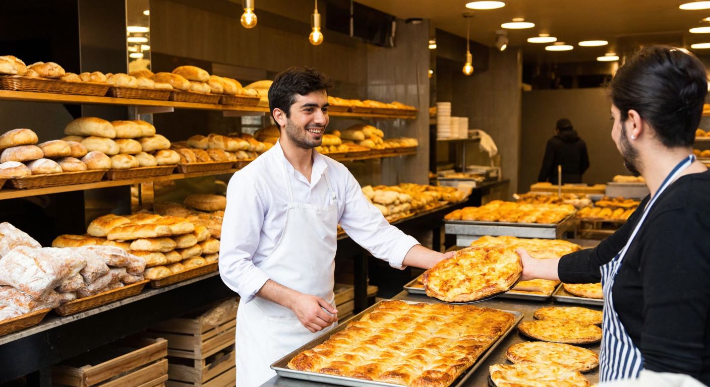 A bustling Istanbul bakery with golden trays of flaky börek, a smiling baker in a white apron handing a warm pastry to a customer, surrounded by shelves of fresh bread and pastries.