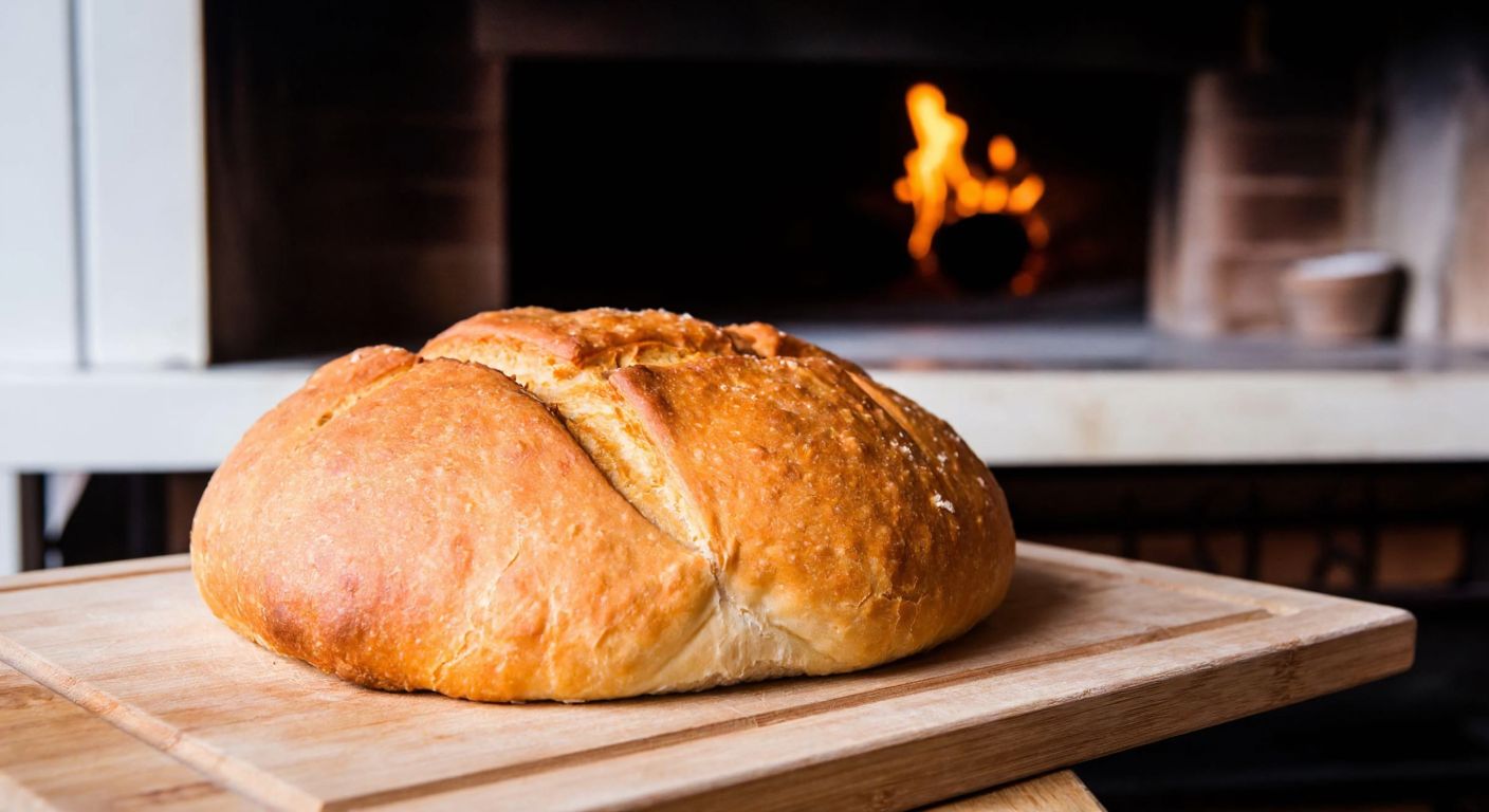 A golden-brown loaf of soda bread resting on a wooden cutting board inside a warm, rustic Turkish kitchen, with a traditional oven glowing in the background.