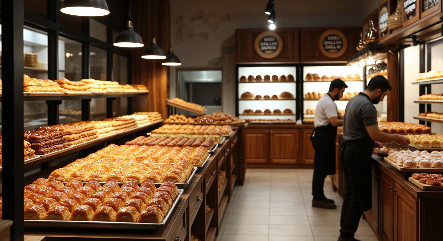 A bustling Turkish bakery with trays of golden baklava, syrupy tulumba desserts, and flaky börek, surrounded by warm wooden shelves and the aroma of freshly baked sweets.