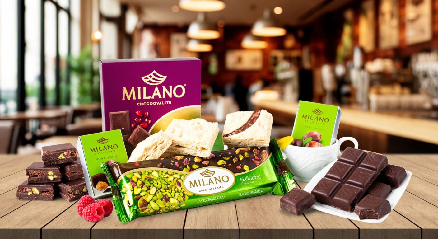 A vibrant display of Milango chocolates arranged on a wooden table, featuring rich pistachio-filled bars, hazelnut-studded squares, and raspberry-drizzled pieces, with a warm Turkish café setting in the background.