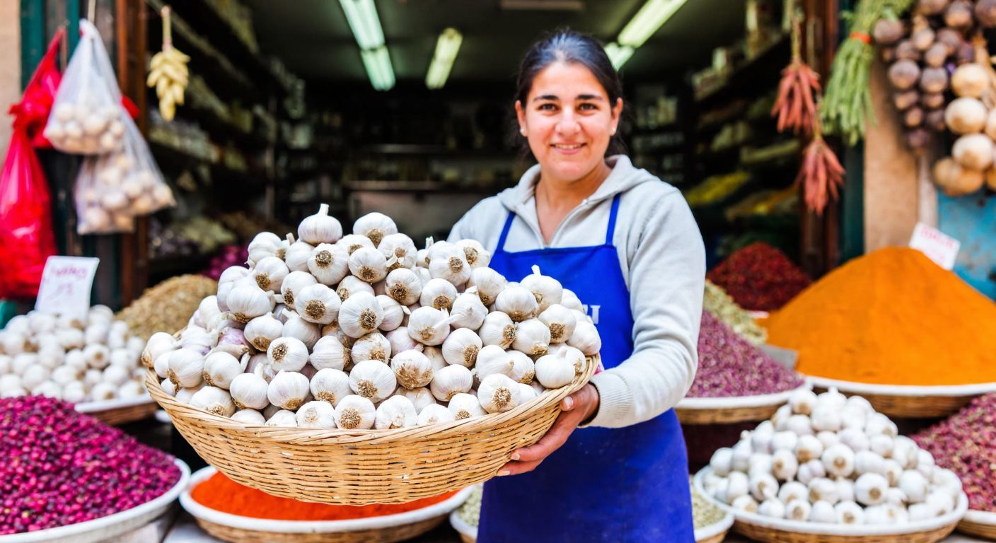 A vibrant marketplace in Siirt, Turkey, with a smiling vendor proudly displaying a woven basket overflowing with plump, fresh Taşköprü garlic, surrounded by colorful spices and local produce.