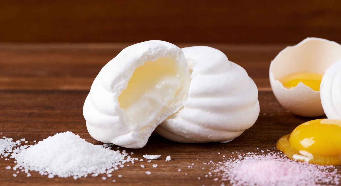 A fluffy white marshmallow split open on a wooden table, revealing its soft interior, surrounded by small piles of sugar, a cracked egg with its white separated, and a sprinkle of gelatin powder, with a hint of pink food coloring nearby.