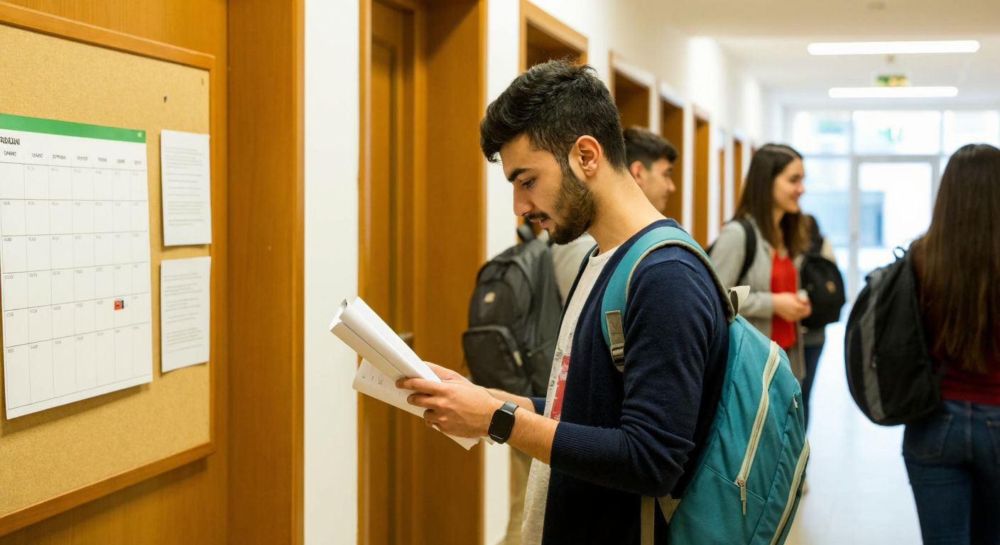 A young student in a university hallway in Istanbul, holding a stack of papers and looking at a calendar pinned to a bulletin board, surrounded by other students chatting and carrying backpacks.