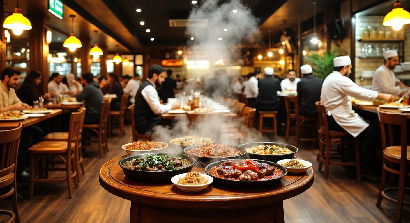 A bustling traditional Turkish lokanta in Istanbul, with steaming plates of home-style dishes on wooden tables, surrounded by cheerful diners and waiters in white aprons, under warm yellow lighting.