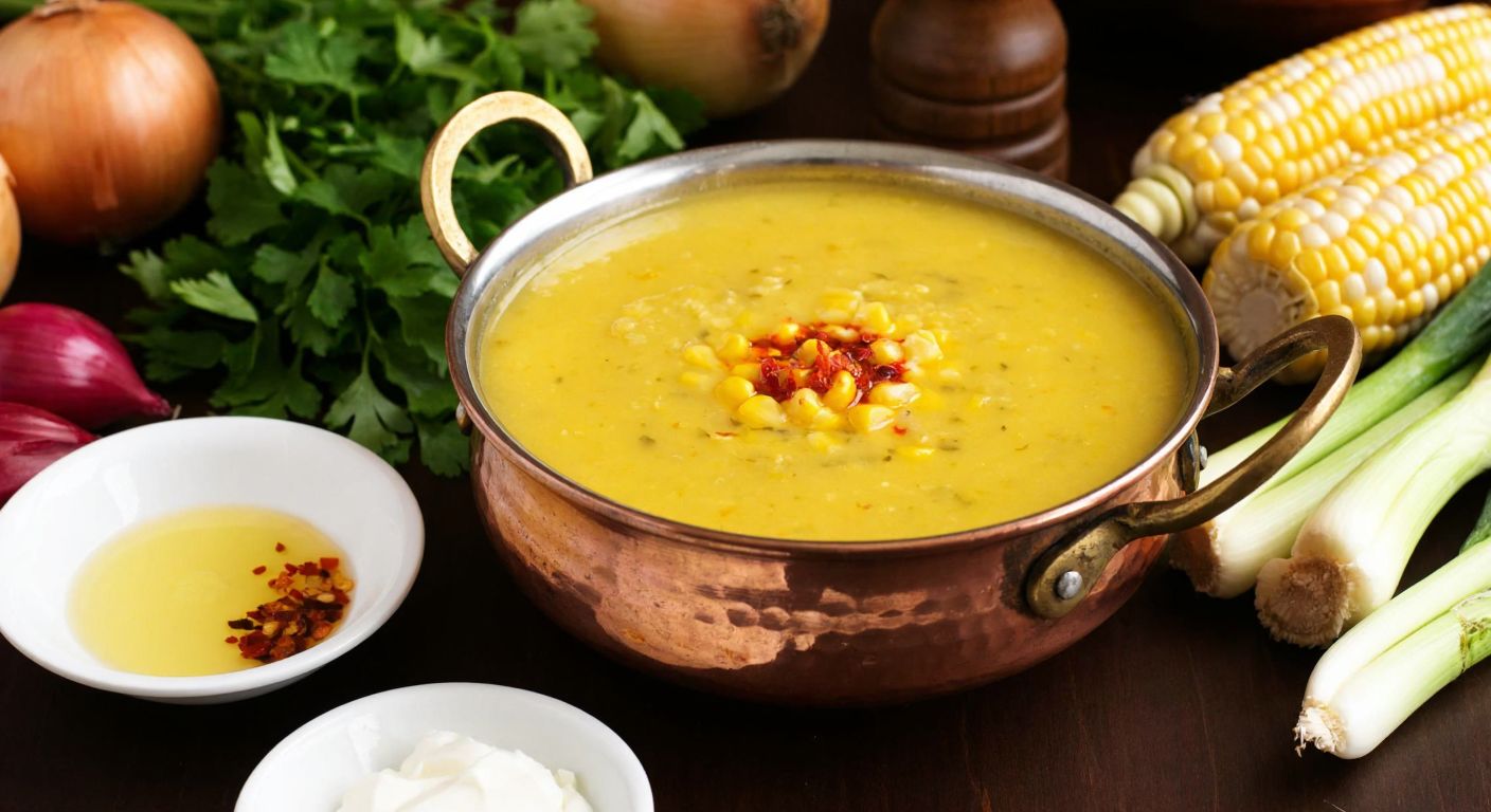 A warm, golden corn soup simmering in a rustic Turkish pot, surrounded by fresh ingredients like corn kernels, chopped onions, parsley, and a small bowl of melted butter with red pepper flakes.