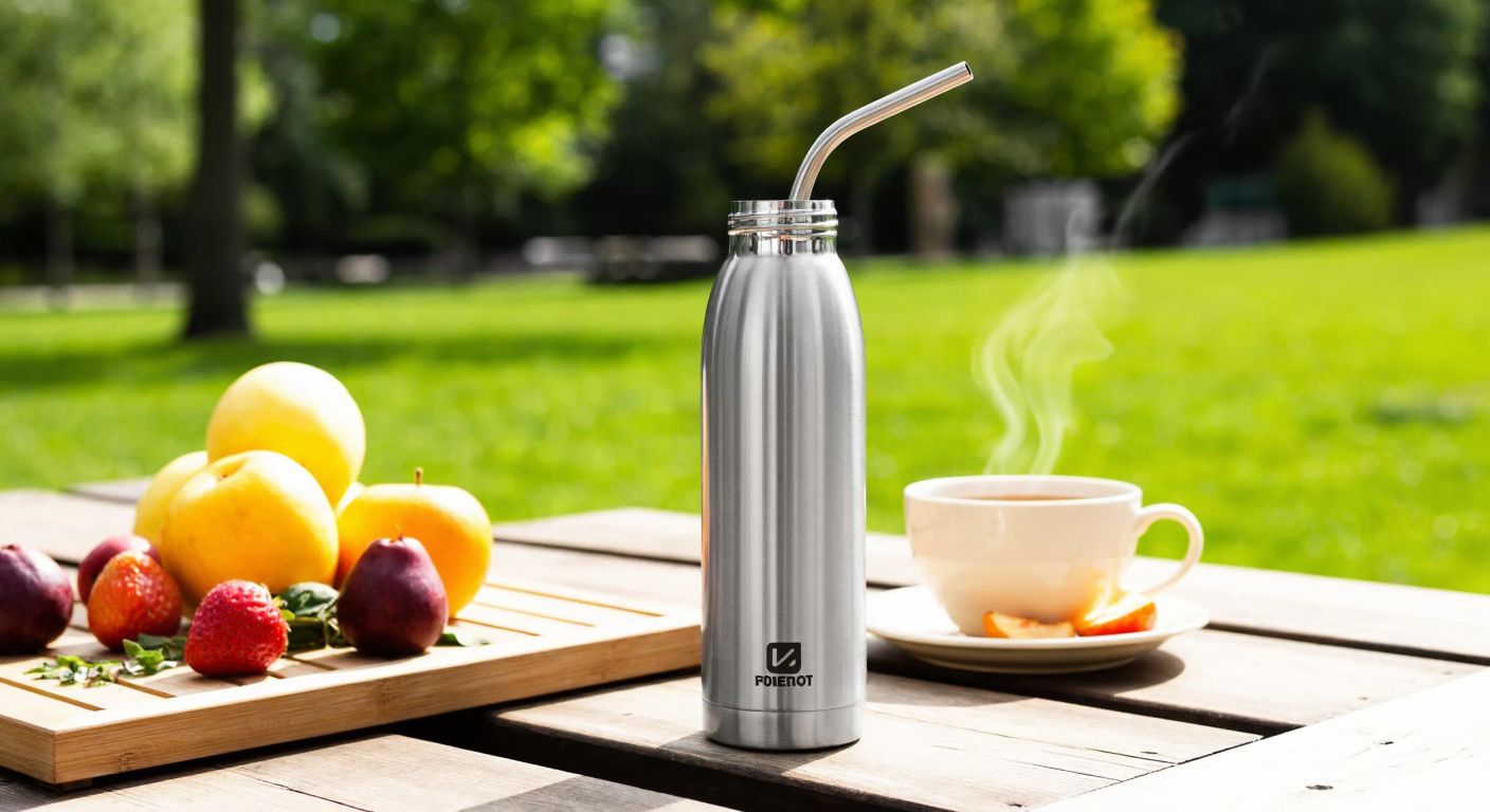 A sleek stainless steel thermos with a straw sits on a wooden picnic table in a sunny park, surrounded by fresh fruit and a steaming cup of tea, conveying practicality and health-consciousness.