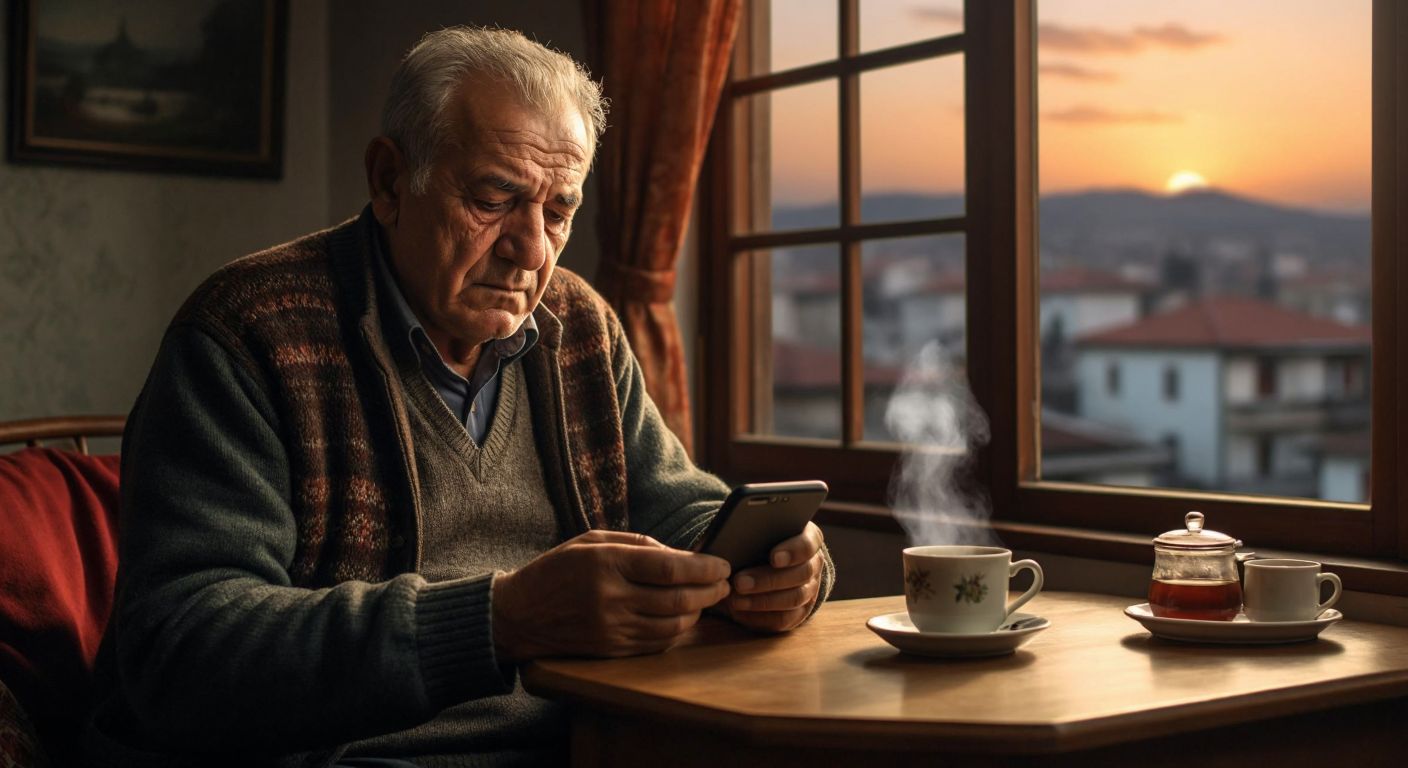 An elderly Turkish man with a concerned expression sits at a wooden table in a modest home, holding a smartphone while a warm cup of çay steams beside him, as a distant SGK office building is faintly visible through the window.