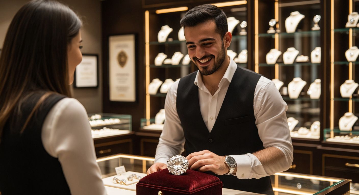A radiant diamond glistens on a velvet cushion in a warmly lit jewelry store, with a smiling Turkish jeweler in a crisp white shirt and black vest presenting it to a curious customer, while framed certificates and a satisfied client in the background subtly reinforce trust.