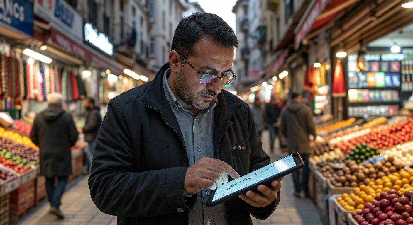 A Turkish trader in a bustling Istanbul bazaar intensely studies a glowing stock chart on a tablet, while a smartphone nearby displays a TikTok backup tutorial.
