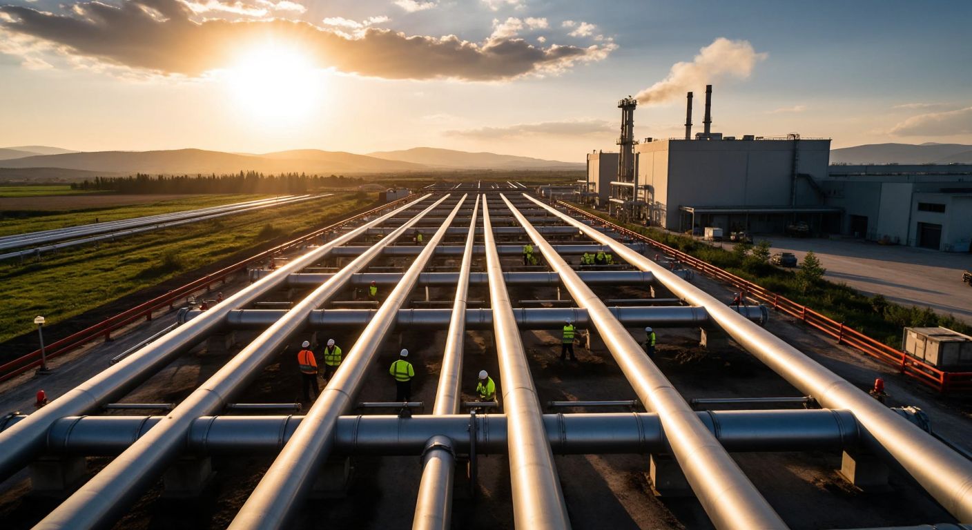 A vast network of steel pipelines stretching across a sunlit Turkish landscape, with workers in safety gear inspecting valves near a modern industrial facility.