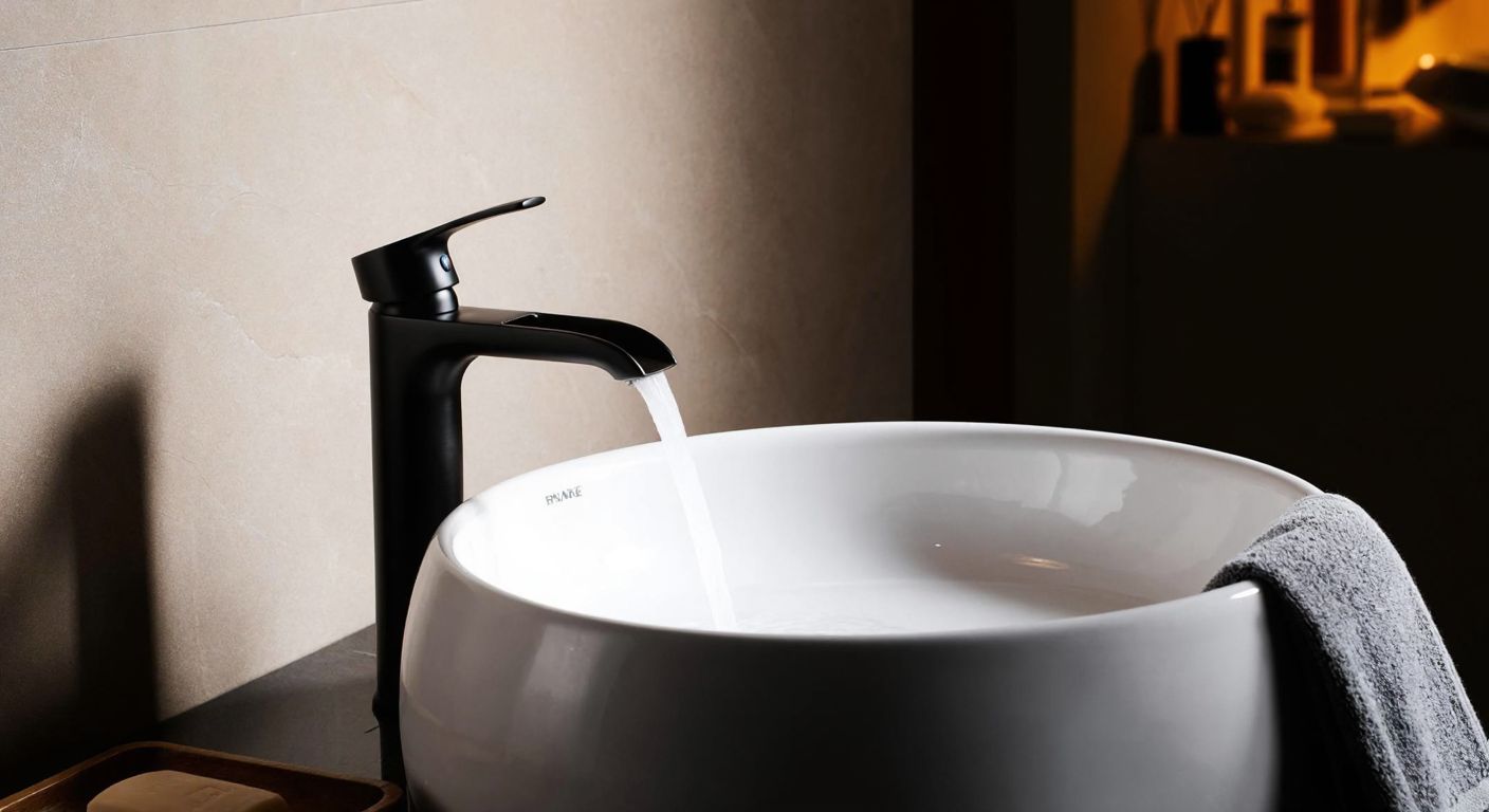 A sleek black waterfall-style faucet elegantly mounted on a white ceramic bowl sink in a modern Turkish bathroom, with warm lighting reflecting off its brushed finish.