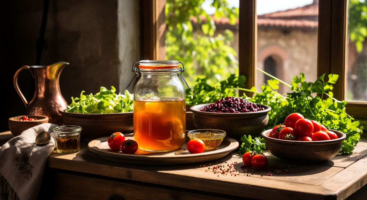 A rustic wooden table in a sunlit Turkish kitchen holds a glass jar of amber-colored persimmon vinegar, surrounded by fresh salads, a pitcher of diluted vinegar drink, marinated vegetables, and a small bowl of honey, with a traditional copper pot in the background.