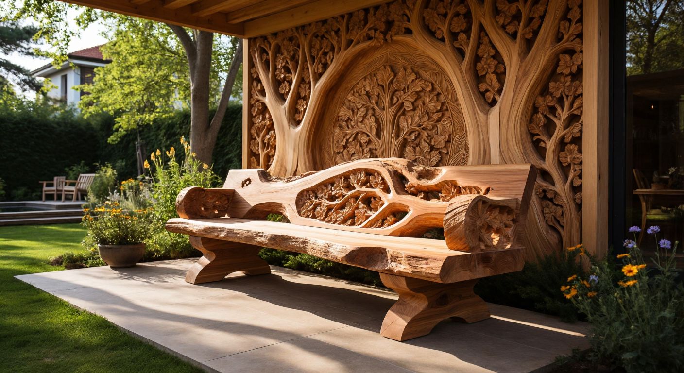 A sturdy, golden-brown İreko tree trunk is being crafted into a polished garden bench under the shade of a Turkish pine, while a nearby artisan carves intricate patterns into a wooden panel.