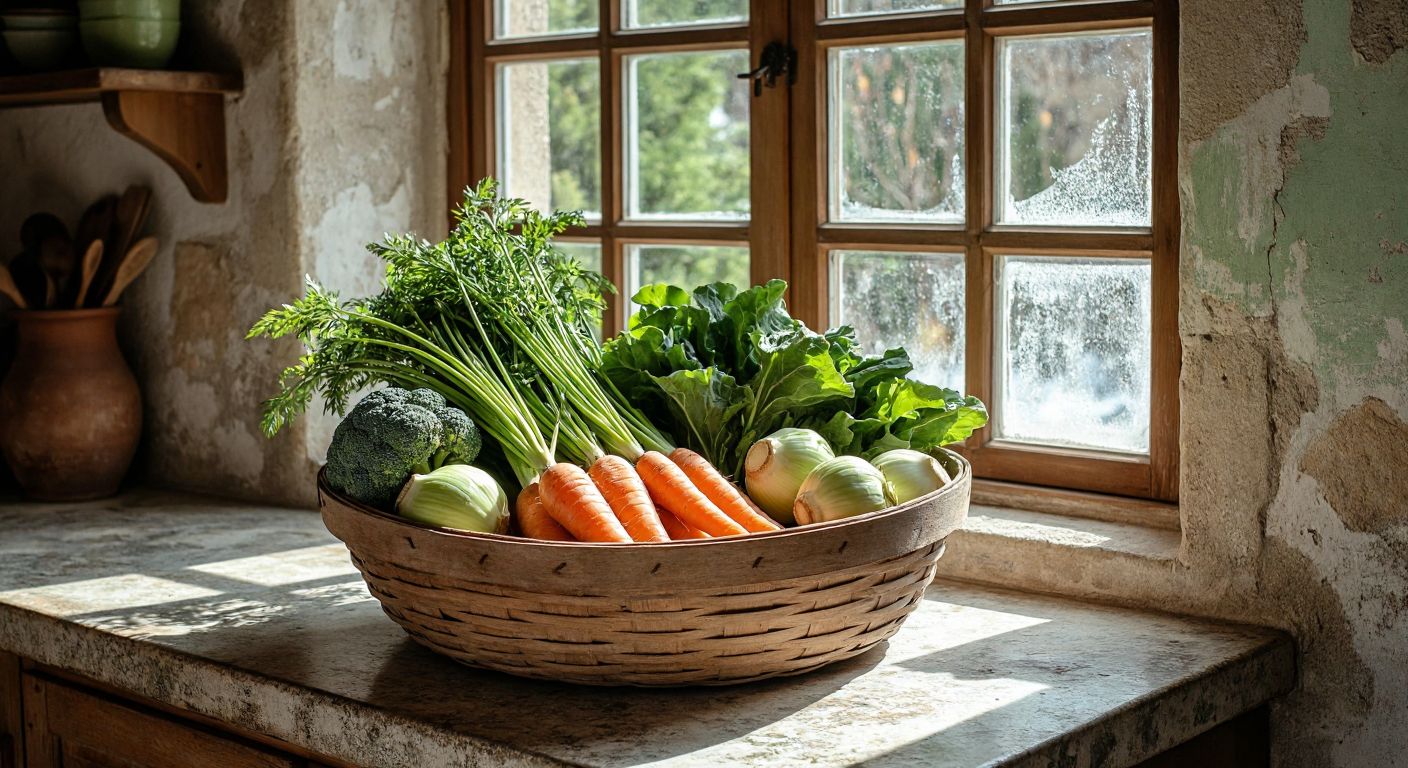 A rustic wooden basket filled with fresh **pırasa, havuç, kereviz, brokoli, kabak, and enginar** resting on a weathered stone countertop in a sunlit Turkish kitchen, with frosty windowpanes hinting at winter outside.