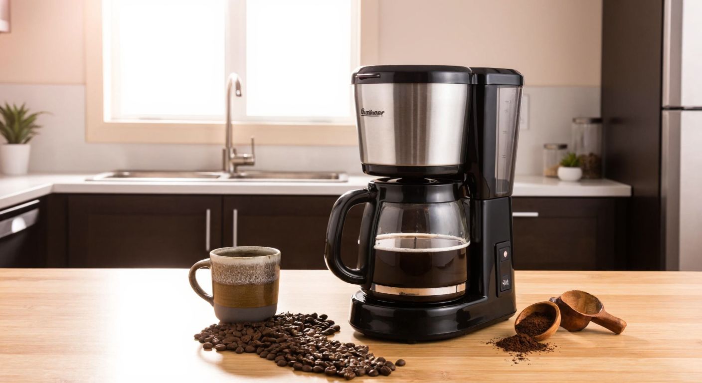 A sleek, modern Goldmaster GM7351 coffee maker with a glass carafe sits on a wooden kitchen counter in a sunlit Turkish home, surrounded by freshly ground coffee beans and a small ceramic cup.