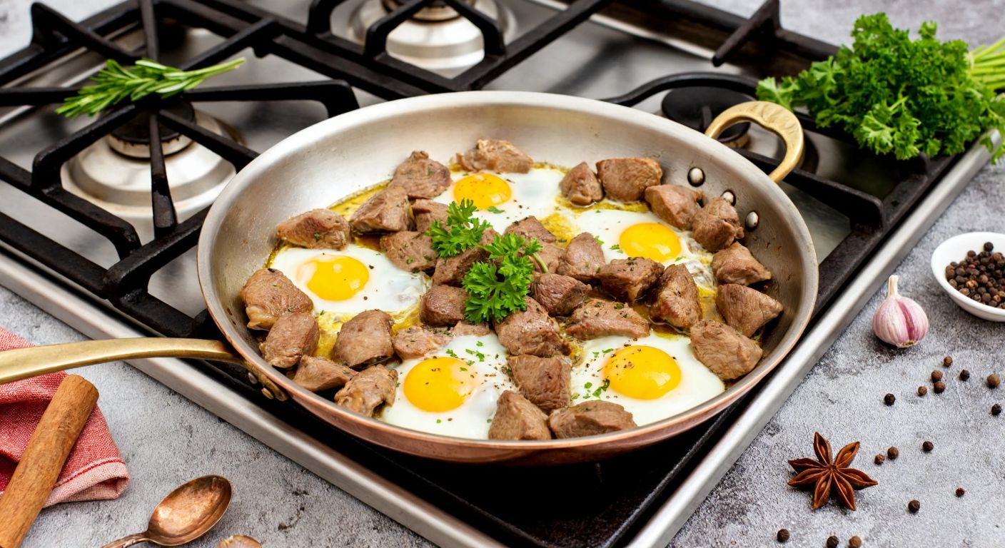 A sizzling copper pan on a gas stove holds golden-brown chicken livers topped with cracked eggs frying in olive oil, garnished with fresh parsley, surrounded by scattered spices like cinnamon and black pepper on a rustic Turkish kitchen counter.