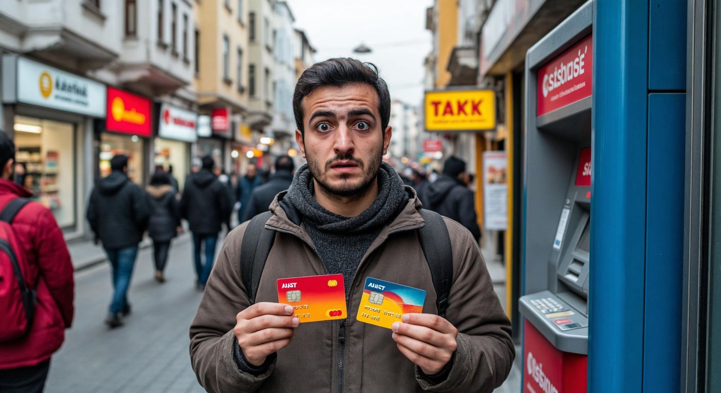 A Turkish person holding two distinct cards—one a plain bank card and the other a colorful credit card—while standing near an ATM in a bustling Istanbul street, looking slightly confused but curious.