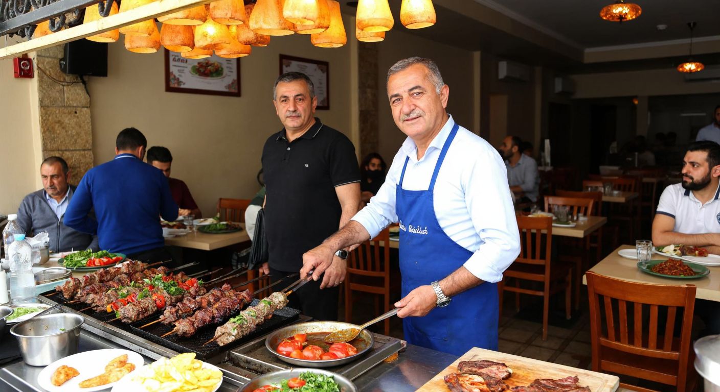 A bustling Kilis kebab restaurant with a middle-aged Turkish man, Reşit Sarıbuğday, proudly serving sizzling skewers of kervan kebap to eager customers amid the aroma of grilled meat and spices.