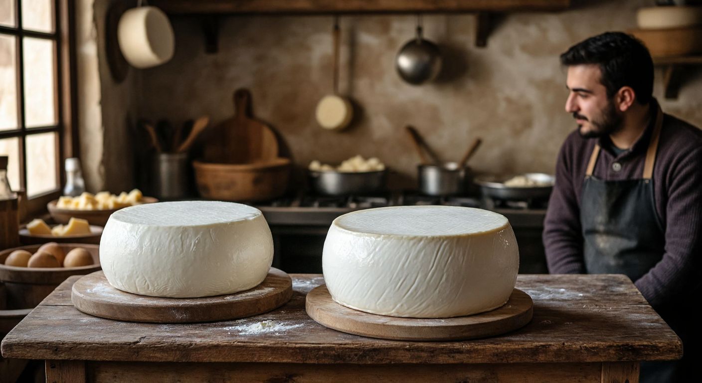A rustic wooden table in a Turkish kitchen holds two distinct cheese wheels—one creamy white mozzarella with a smooth texture, and another unidentified cheese labeled "Videli," with a curious onlooker examining them side by side.