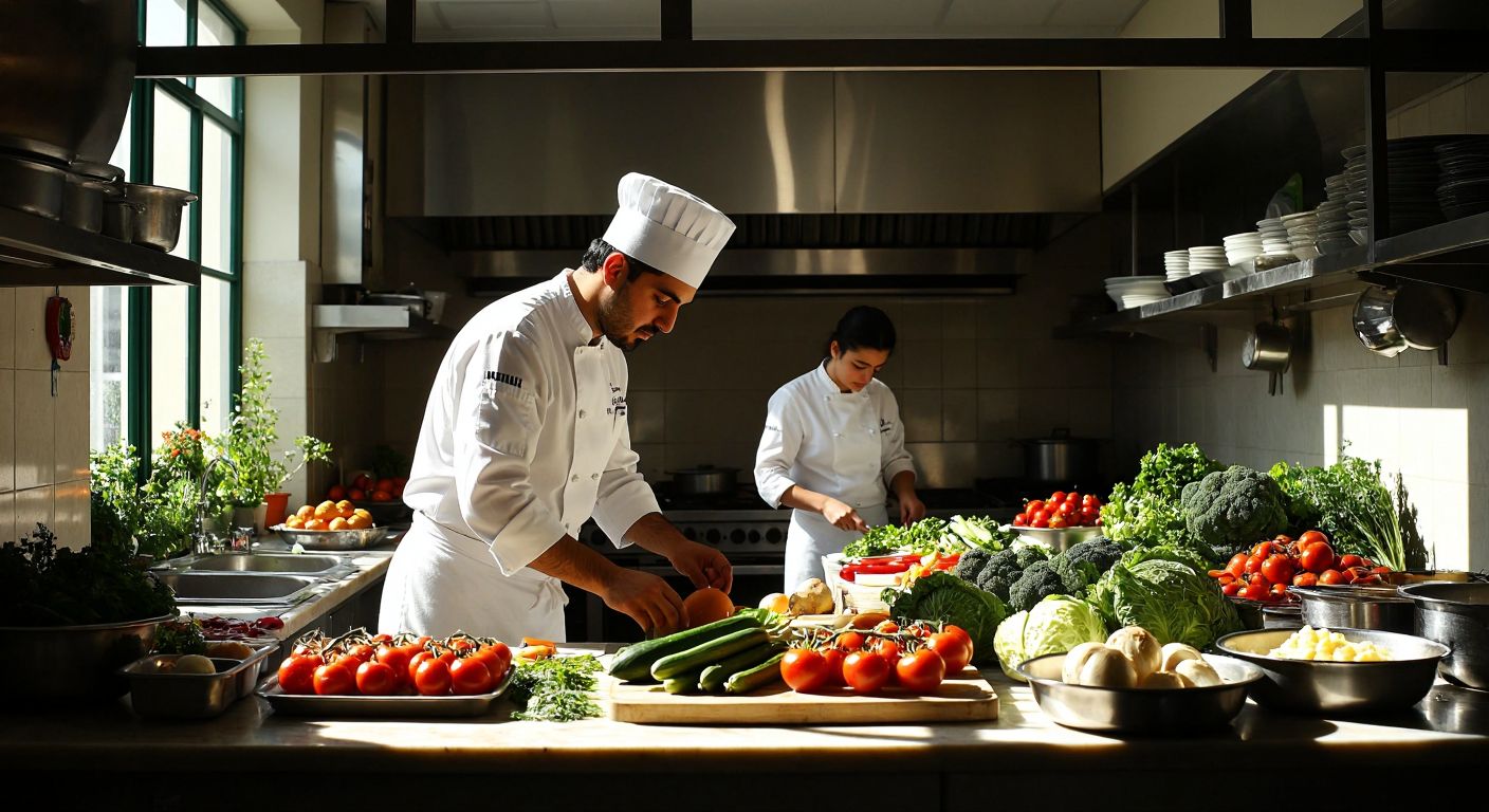 A Turkish chef in a crisp white uniform inspects fresh produce in a bustling government kitchen, while another demonstrates cooking techniques to attentive trainees in a sunlit culinary classroom.