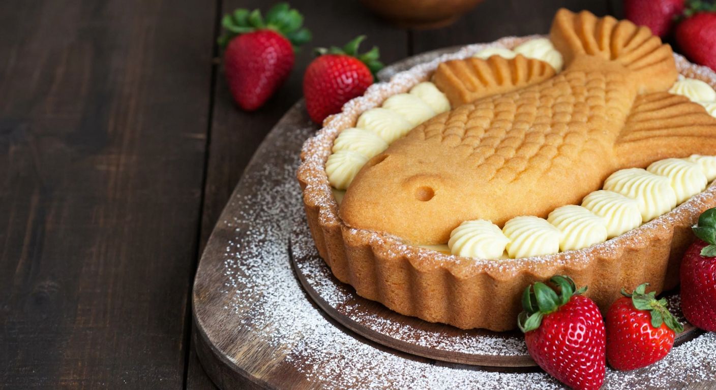 A golden-brown mermaid-shaped cake sits on a rustic wooden table, topped with smooth, creamy pastry cream, surrounded by fresh strawberries and a dusting of powdered sugar, evoking warmth and homemade delight.