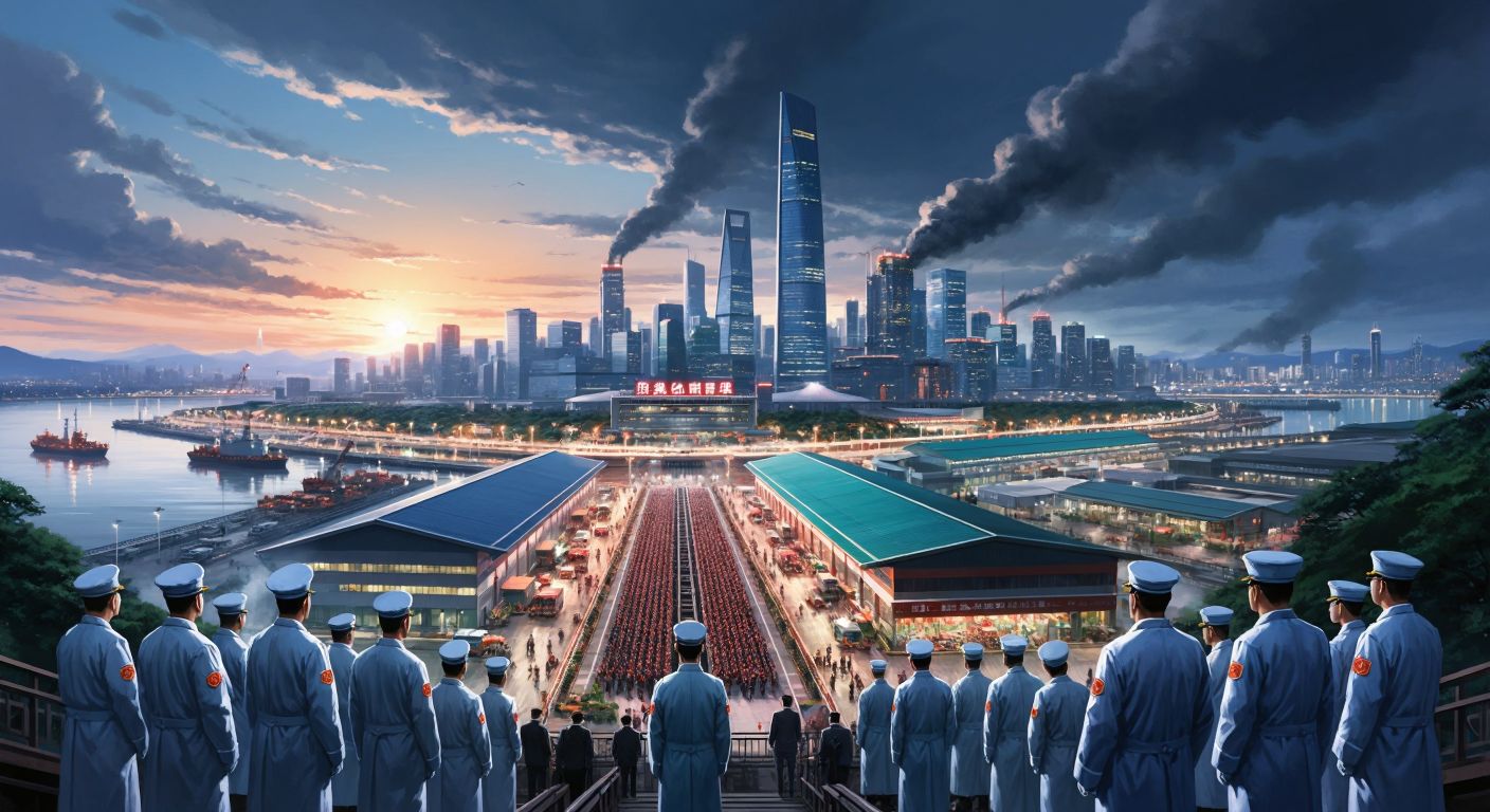 A towering modern city skyline with factories, a bustling port, and a high-speed train, flanked by disciplined soldiers and students in lab coats, symbolizing China's economic, military, and technological strength.