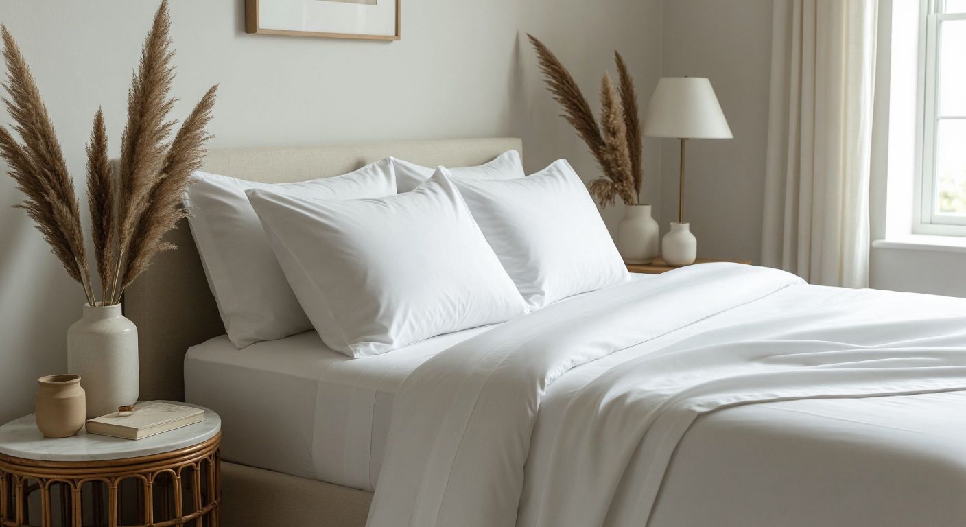 A neatly made Turkish-style bed with crisp white cotton sheets tucked tightly under the mattress, emphasizing smooth seams aligned perfectly with the bed's edges.