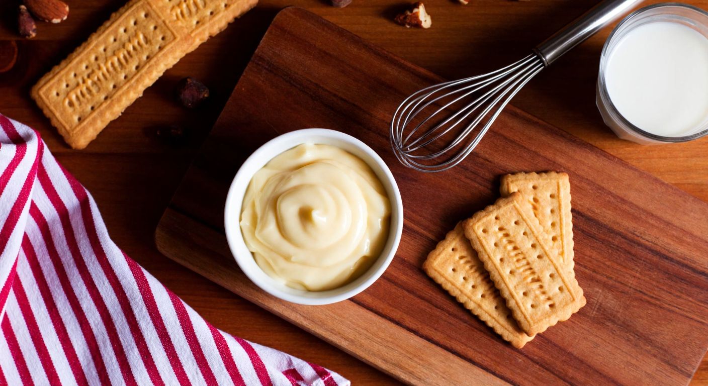 A warm Turkish kitchen with a wooden countertop displaying a bowl of creamy vanilla sauce, scattered petit beurre biscuits, a whisk resting nearby, and a glass of milk, evoking a cozy homemade dessert preparation.