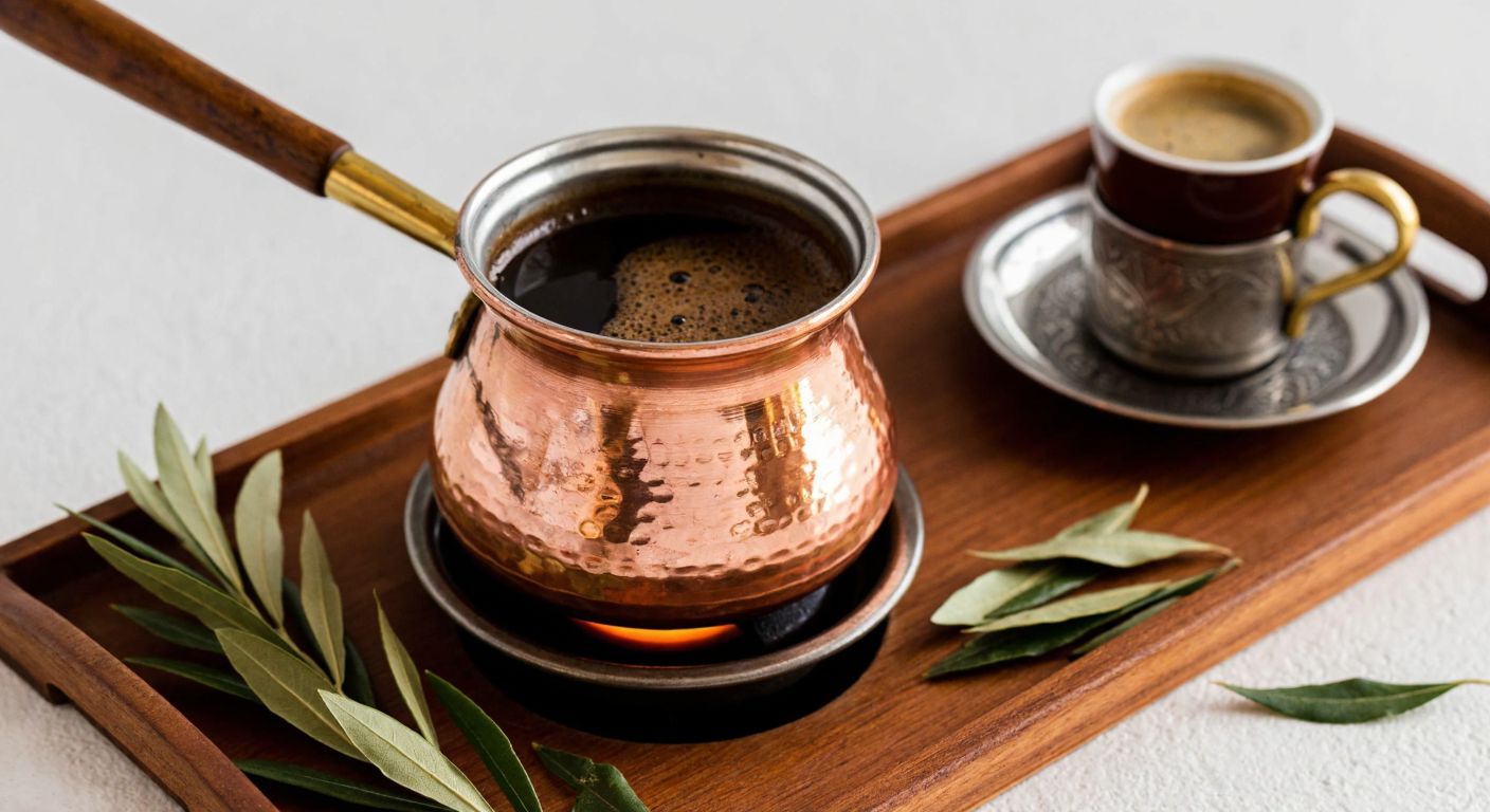 A rustic Turkish copper cezve sits on a low flame, filled with a dark blend of olive leaf powder and coffee, surrounded by dried olive leaves and a traditional Turkish coffee cup on a wooden tray.