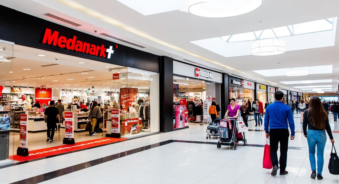 A bustling shopping mall in Eskişehir with bright storefronts, shoppers carrying bags, and a prominent MediaMarkt sign visible among the vibrant retail spaces.