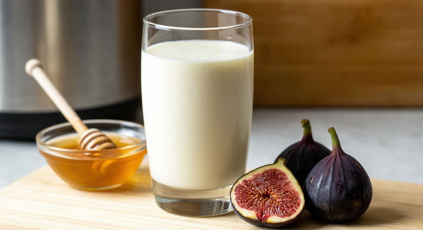 A glass of creamy white kefir placed on a wooden table in a Turkish kitchen, with a small bowl of honey and fresh figs beside it.