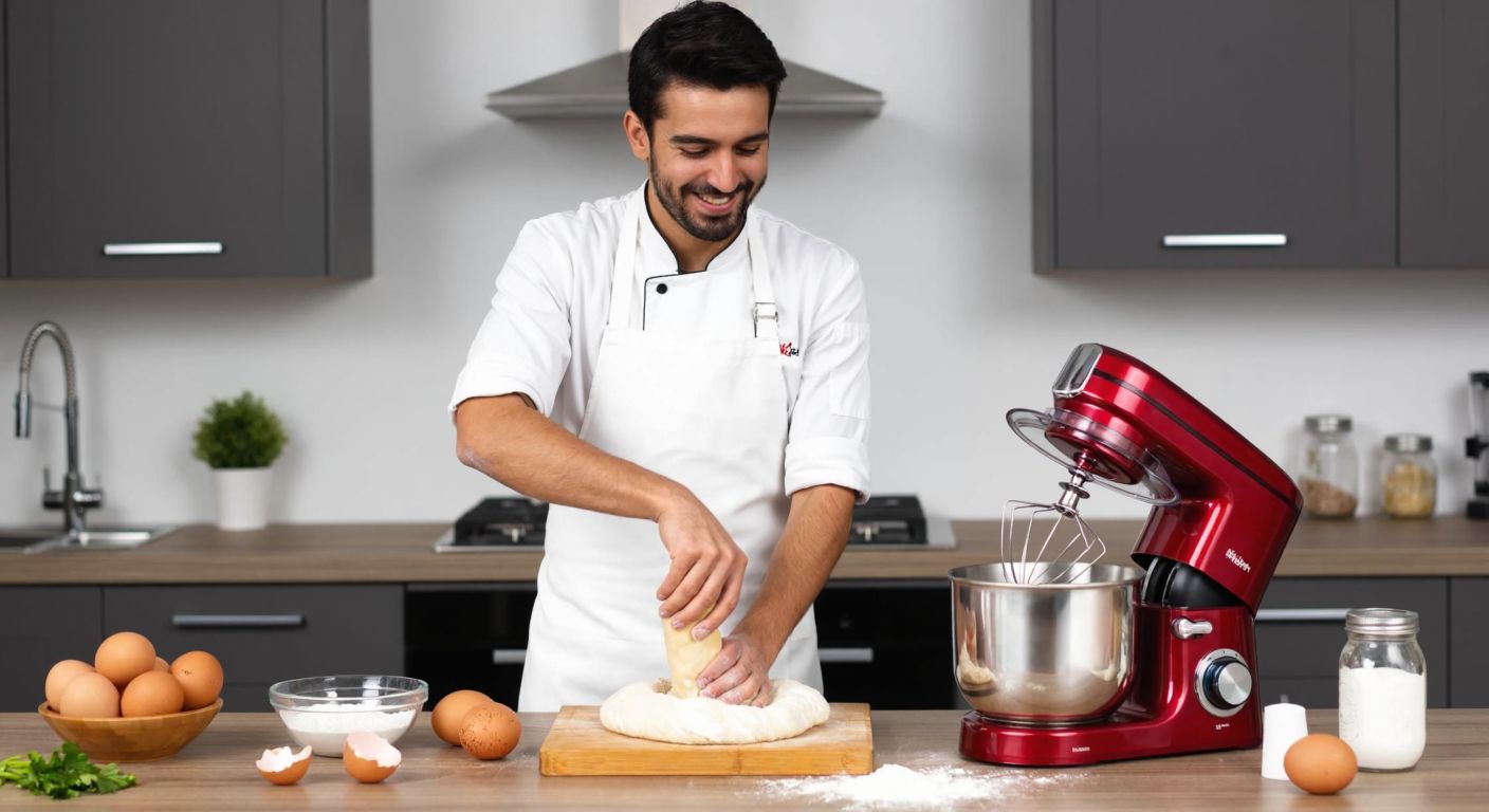 A smiling Turkish chef in a white apron kneads dough in a bright kitchen, with a Fakir MixyChef stand mixer humming beside fresh ingredients like flour and eggs.